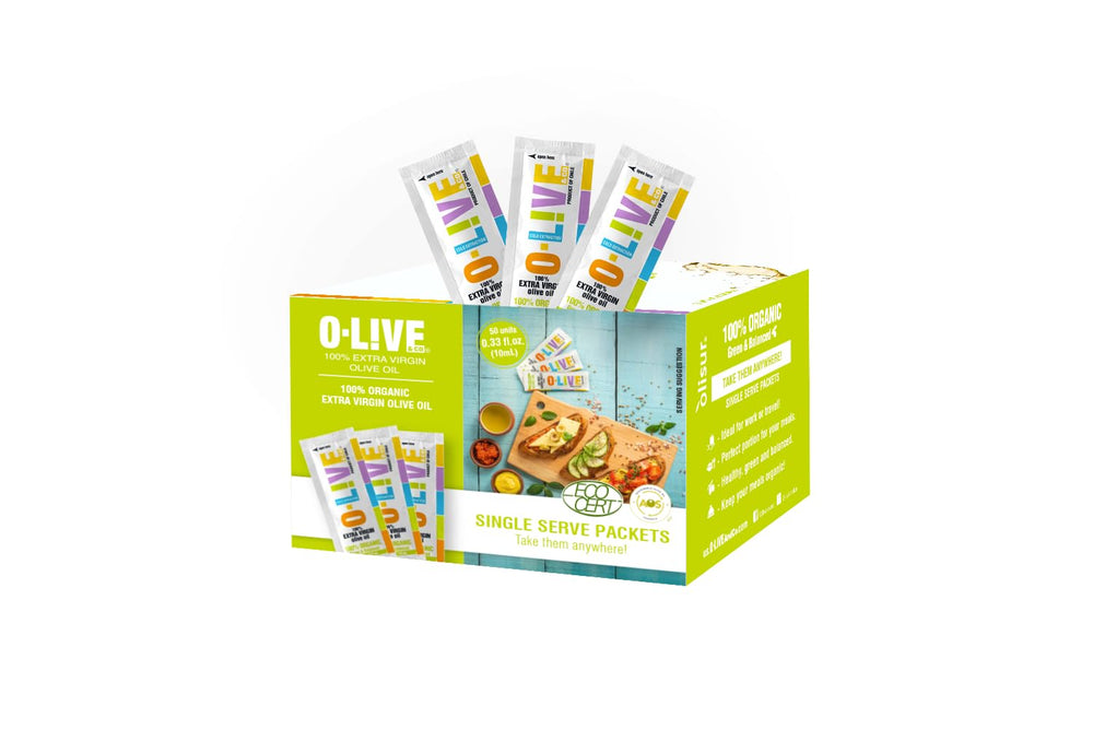 O-Live & Co. front view of single-serve stick packets, convenient portability