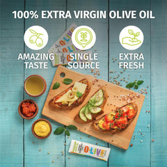 O-Live & Co. packet being poured onto salad, adds fresh flavor on the go