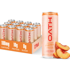 Oath Nutrition Juicy Peach front packaging showing can and 12-pack, refreshing energy