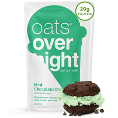Oats Overnight front packet showing branding and mint chocolate chip flavor benefits