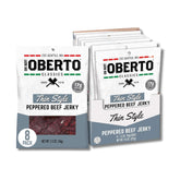 Oberto front package showing product branding and peppered jerky benefits