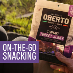 Oberto jerky in hand showing portion size and convenient on-the-go benefit