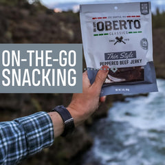 Oberto jerky on a snack board presenting easy sharing and flavor benefit