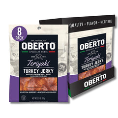 Oberto front packaging showing teriyaki turkey jerky and resealable bag benefit