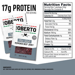 Oberto thin-slice texture close-up highlighting lean meat and peppered seasoning benefit