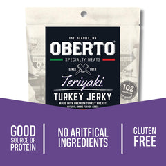 Oberto close-up of turkey jerky strips highlighting tender texture and flavor