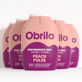 Obrilo front packaging showing five Peach Pulse bottles and benefits