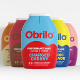 Obrilo front packaging showing five dye-free energy enhancer bottles for convenient hydration