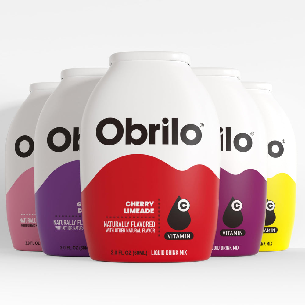 Obrilo front packaging showing five 2 fl oz bottles and variety flavors for convenience