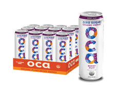 OCA can front view showing berry acai design and zero sugar benefits