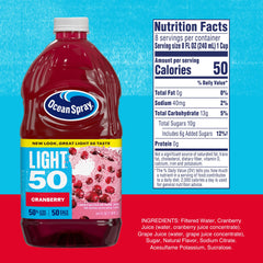 Ocean Spray Cran50 bottle close-up of label, showing nutrition and brand clarity