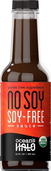 Ocean's Halo front bottle view showing organic soy-free sauce and easy-pour benefit