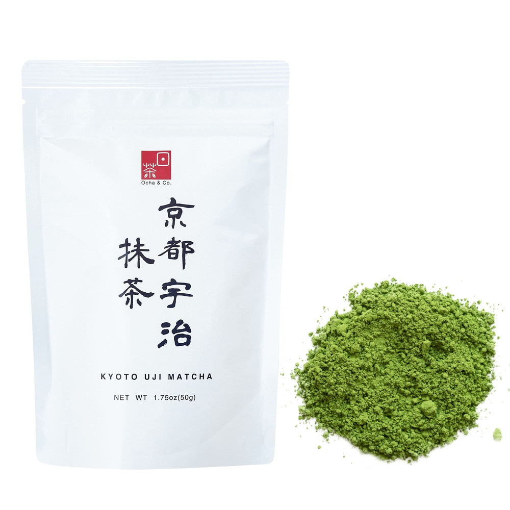Ocha & Co. front pouch showing 50g matcha powder and vibrant packaging benefit freshness