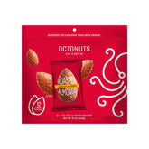 OCTONUTS front packaging showing twelve olive oil and lemon almond snack packs and branding benefit: convenient portion control