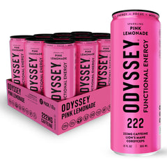 Odyssey Elixir can front view showing pink lemonade label and clean functional branding benefits