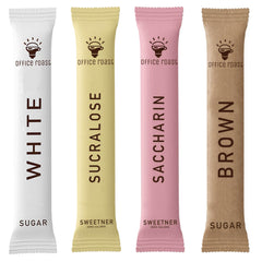 Office Roast front packaging showing four sweetener types and packet count benefits