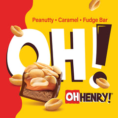 Oh Henry! split bar inside view revealing fudge, caramel, and nut layers for texture