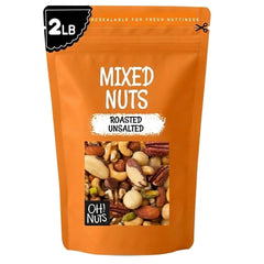 Oh! Nuts front of bag showing 2 lb unsalted mixed nuts for pantry convenience