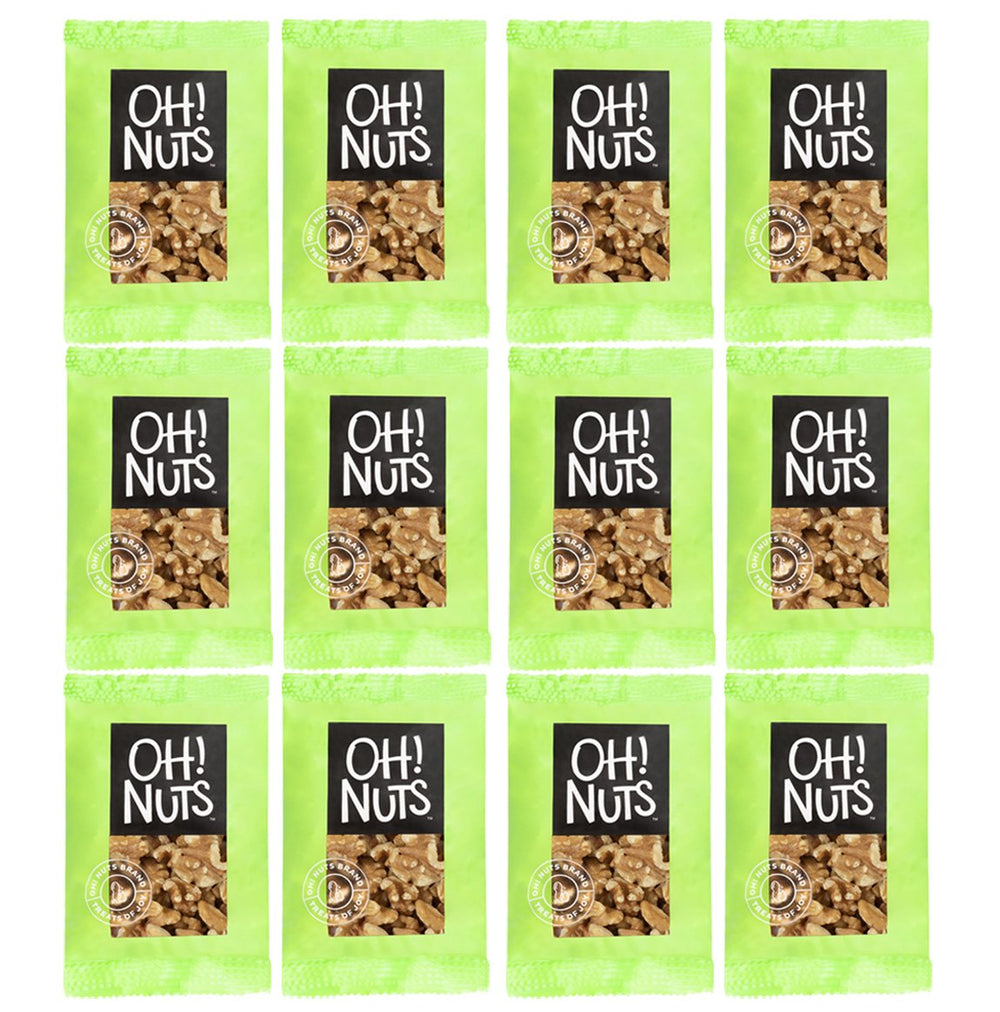 Oh! Nuts front packaging showing 12 individual walnut pouches and convenience