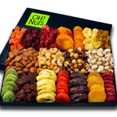 Oh! Nuts front view of XL gift basket displaying assorted fruits and nuts benefit gifting