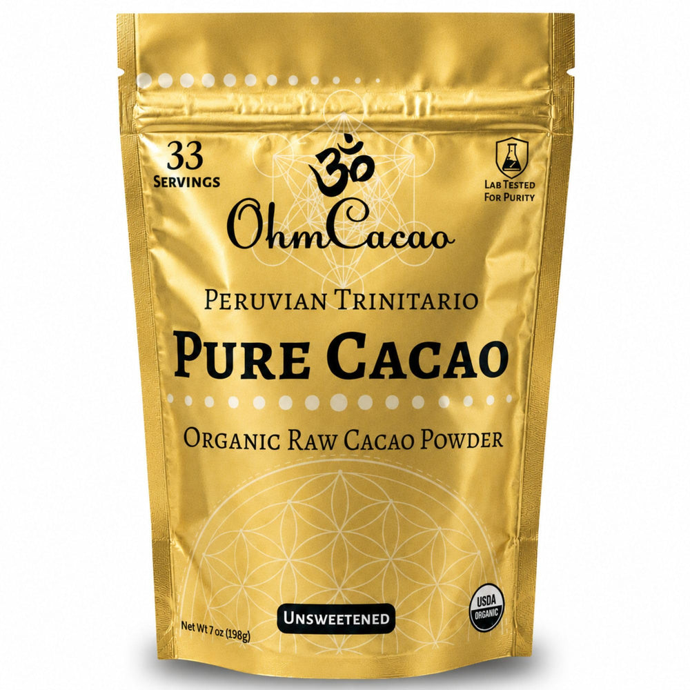 OHM Cacao front packaging showing resealable pouch and branding, assures freshness