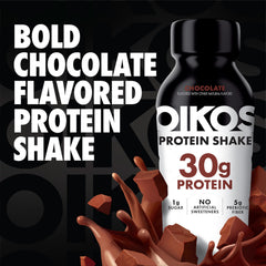 Oikos bottle close-up label highlighting 30g protein per serving