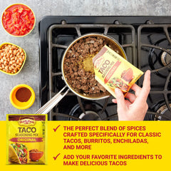 Old El Paso seasoning being poured into a hot pan for fast flavor