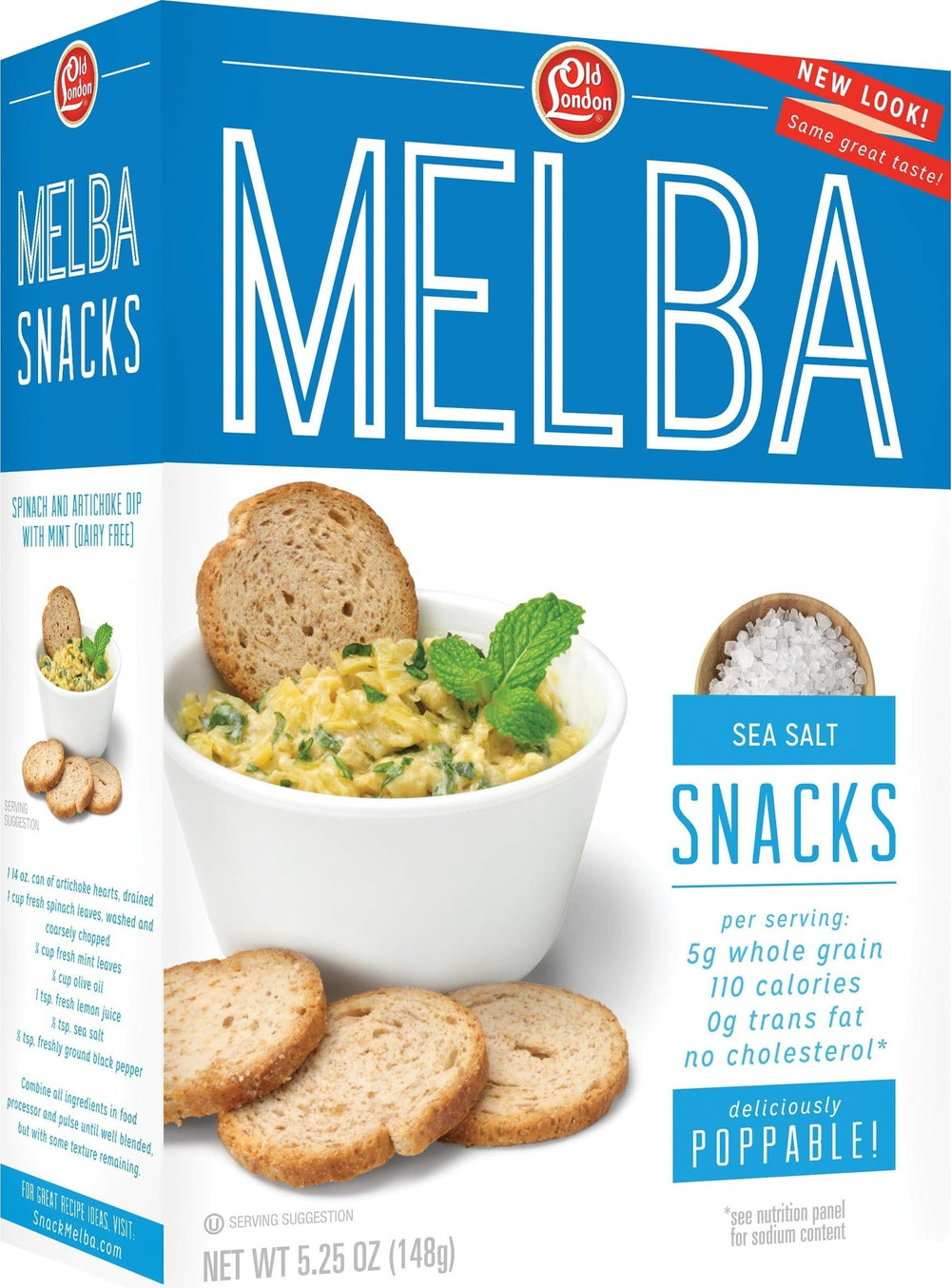 Old London front packaging showing sea salt melba snack box and benefits