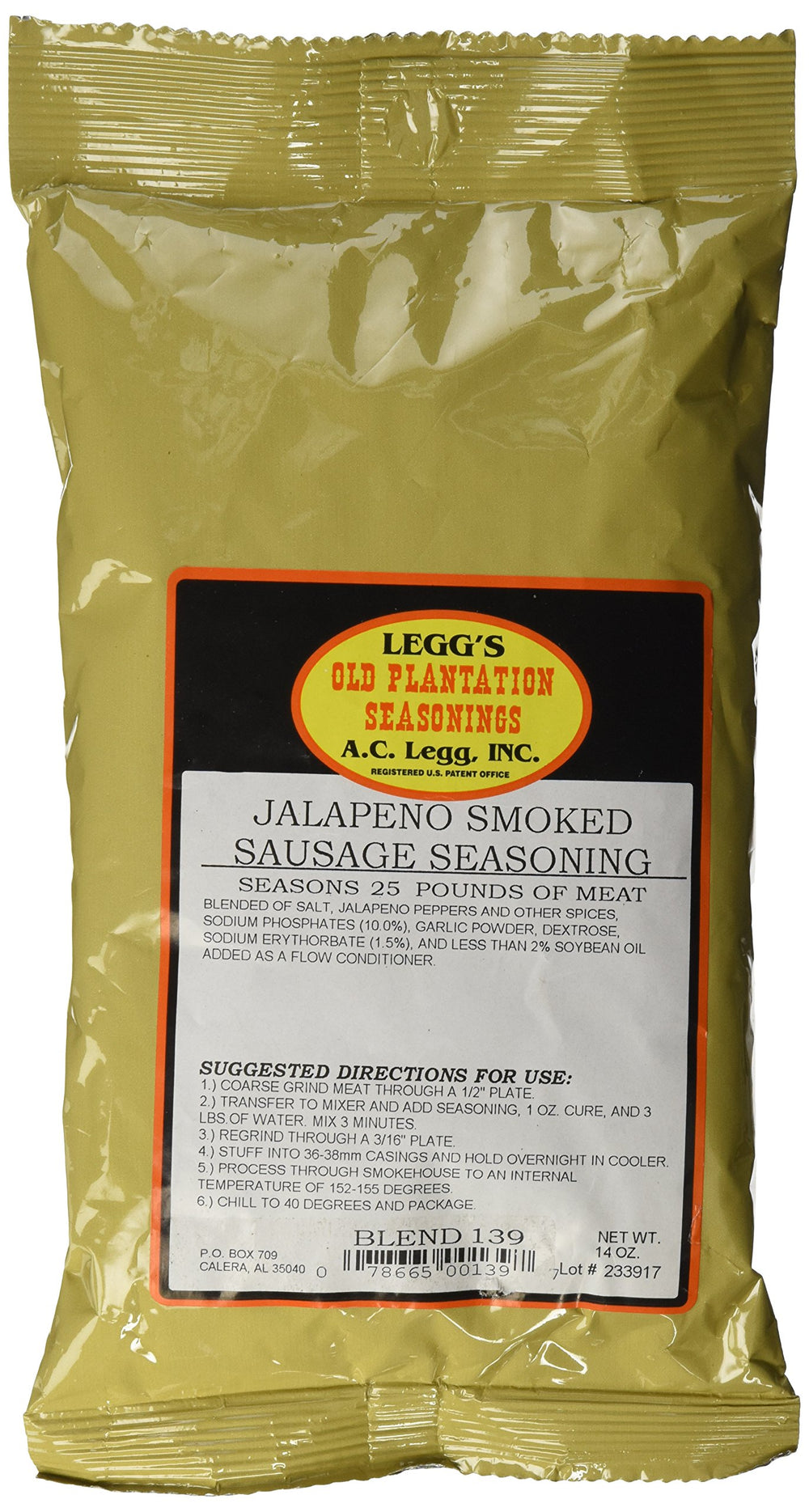 Old Plantation package front view showing jalapeno smoked seasoning and included cure, convenient for 25 lb batches