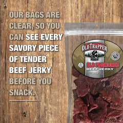 Old Trapper close-up of jerky texture showing tender, smoky meat benefit
