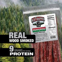 Old Trapper close-up of pepperoni snack stick texture highlighting natural wood-smoked surface