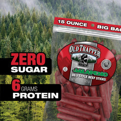 Old Trapper close-up of beef stick texture and seasoning, highlights smoky flavor