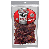 Old Trapper front package showing hot & spicy 8 oz and resealable benefit