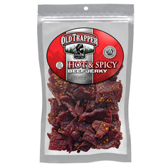 Old Trapper front package showing hot & spicy 8 oz and resealable benefit