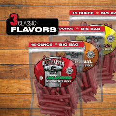 Old Trapper beef sticks in hand and backpack, portable jalapeño snack on the go