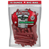 Old Trapper pack front showing bag and spicy beef sticks, convenient protein snack