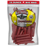 Old Trapper teriyaki front packaging shows brand and large 15-ounce bag, convenient supply