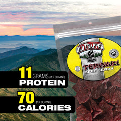 Old Trapper jerky in backpack at campsite showing portable protein benefit
