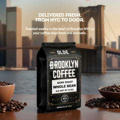 OLDE BROOKLYN COFFEE bag valve detail showing one-way valve and airtight freshness benefit