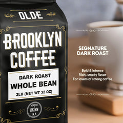 OLDE BROOKLYN COFFEE close-up of whole beans highlighting roast color and aroma benefit