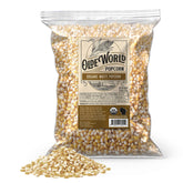 Olde World Popcorn front packaging showing organic 6 lb bag and clear labeling benefits