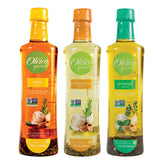 Oleico front packaging trio showing three infused safflower bottles for versatile cooking