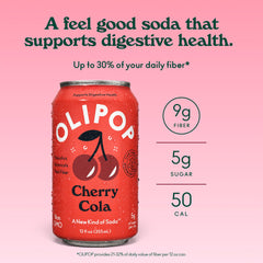 OLIPOP cherry cola can close-up label highlighting ingredients and fiber content