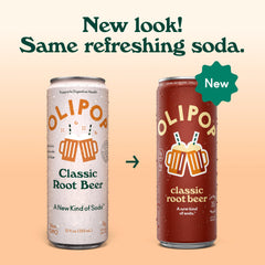 OLIPOP slim can close-up highlighting Classic Root Beer label and texture