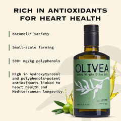 OLIVEA pour detail with oil stream highlighting smooth texture and flavor preservation
