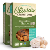 Olivia's front packaging showing gluten-free garlic croutons and size benefit