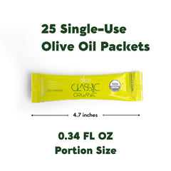 Olizzi single packet being poured over salad, brand enables mess‑free drizzling