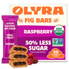 Olyra front packaging showing box of 30 bars and organic badge, convenient storage benefit