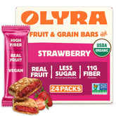 Olyra front packaging showing organic strawberry fruit bars and certifications