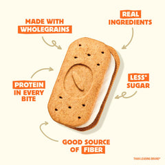 Olyra sandwich cross-section revealing vanilla filling and crisp wafers